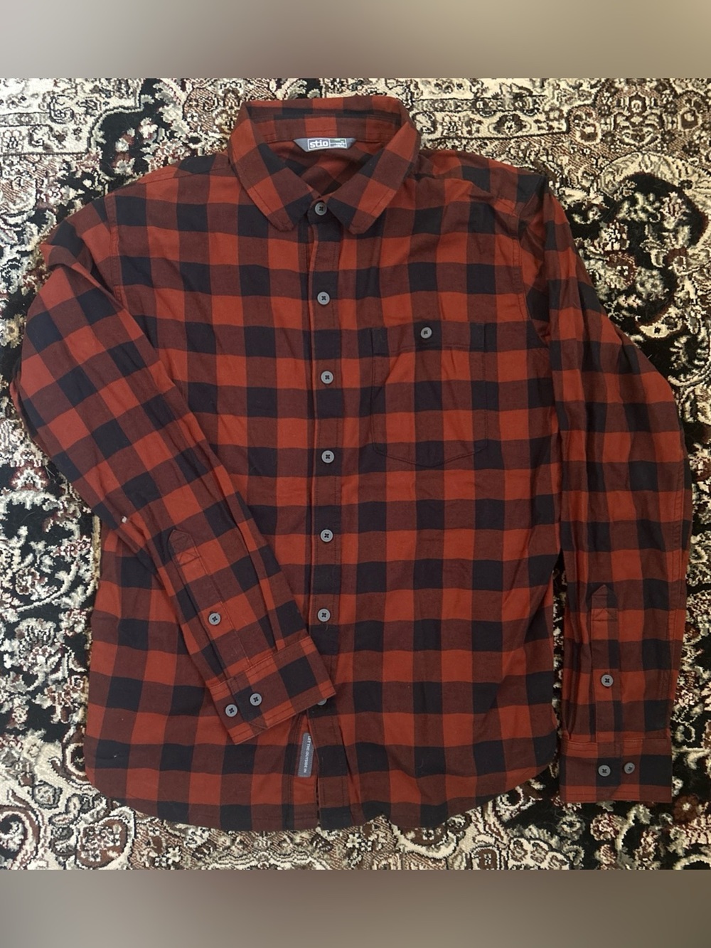 Stio Flannel Shirt Mens Medium Red and Black Lightweight Organic Cotton
